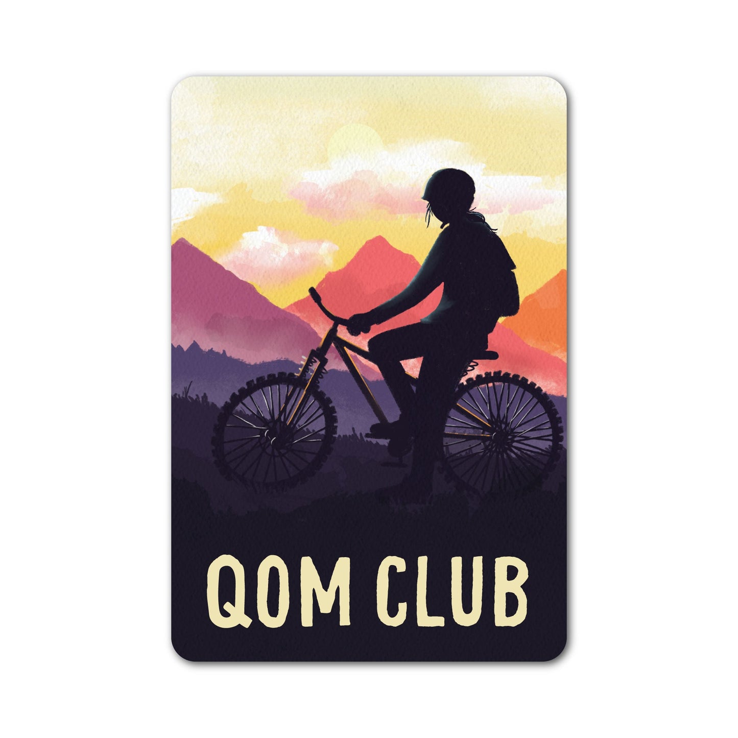QOM Club cycling sticker with illustrated rider and sunset mountain scene.