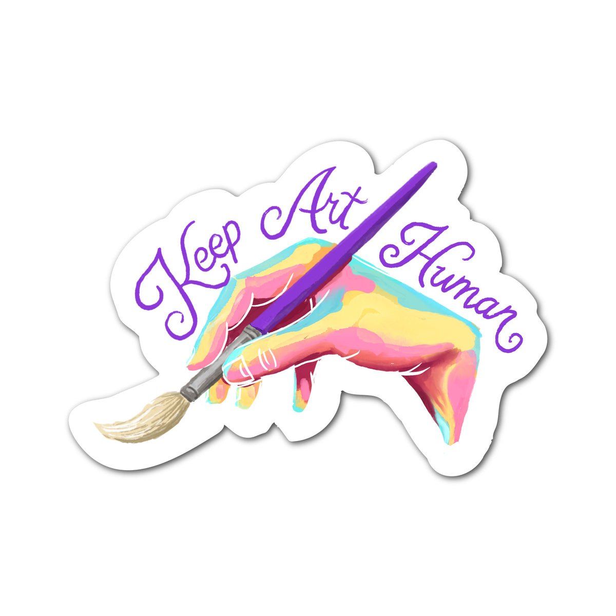Drawing hand sticker featuring a colorful illustrated hand holding a pencil.