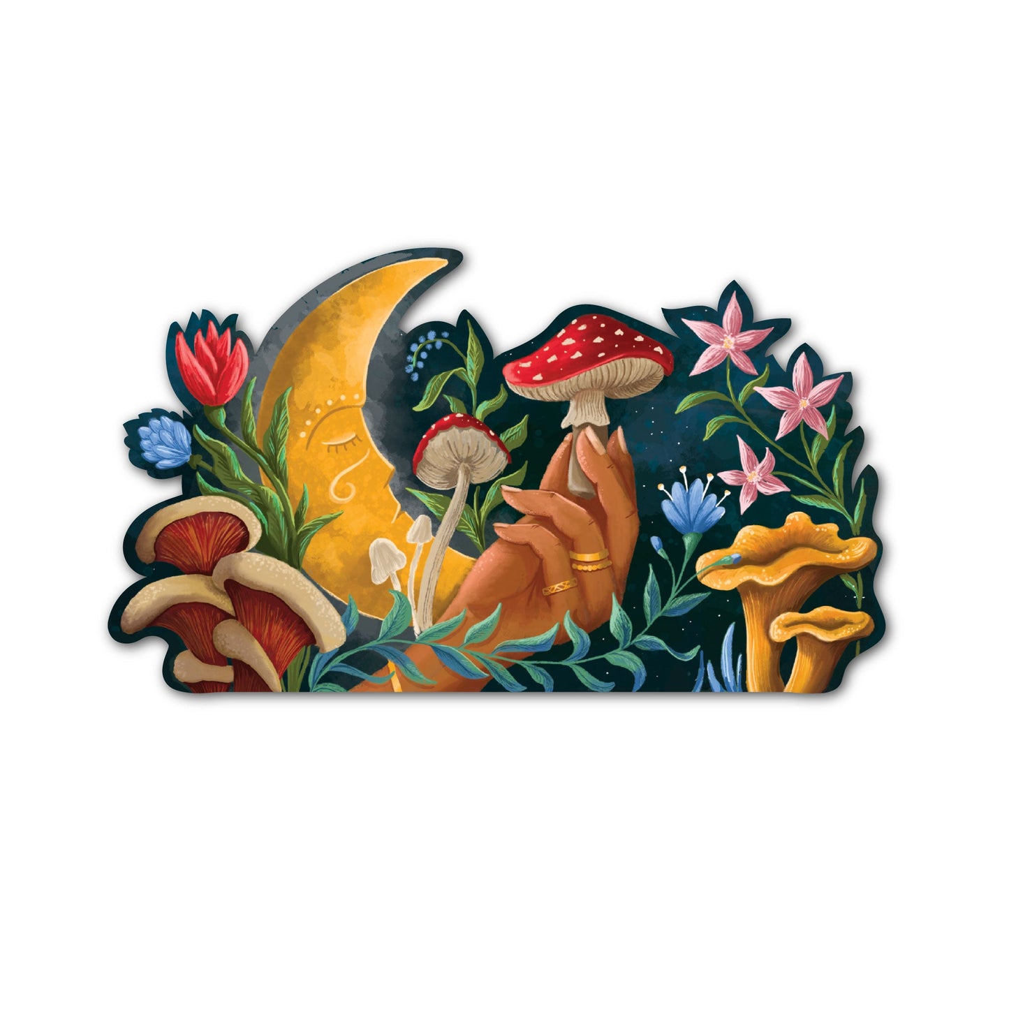Mushroom moon sticker featuring a crescent moon, mushrooms, and stars.