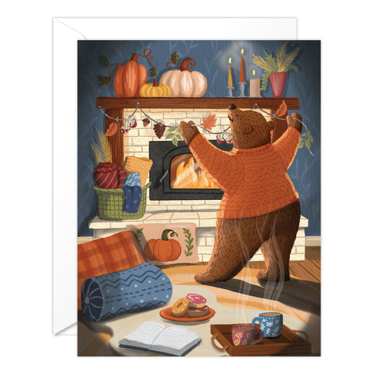 (6-Pack) Cozy Fall Card – Autumn Bear Fireplace Greeting Card