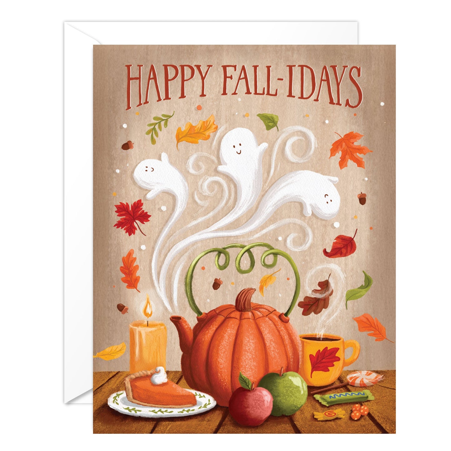 (6-Pack) Happy Fall Card – Cozy Autumn Greeting Card with Pumpkin & Leaves