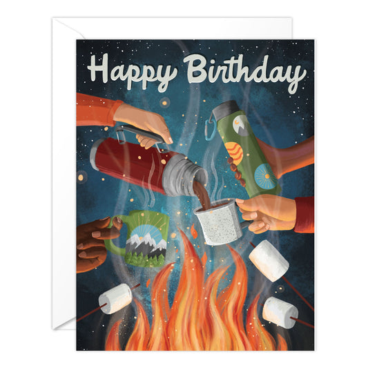 (6-Pack) Camping Birthday Card – Cozy Campfire Coffee Outdoor Birthday Card