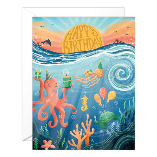 (6-Pack) Ocean Birthday Card – Cute Under the Sea Birthday Card with Octopus