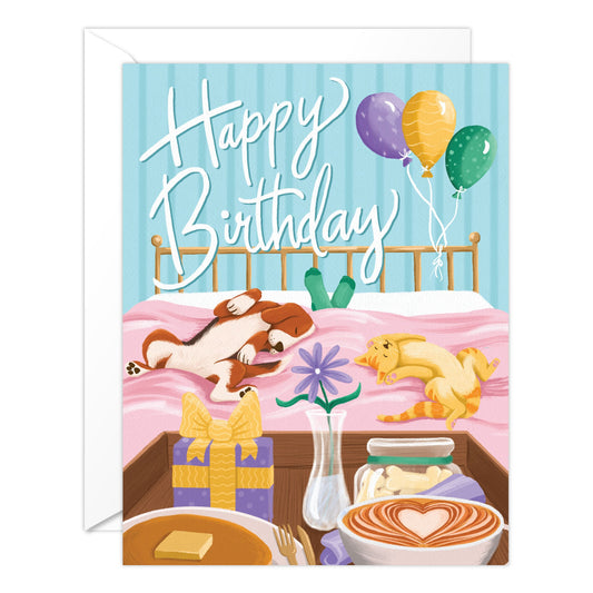 (6-Pack) Cute Birthday Card with Dogs and Cats – Cozy Breakfast in Bed Birthday Card