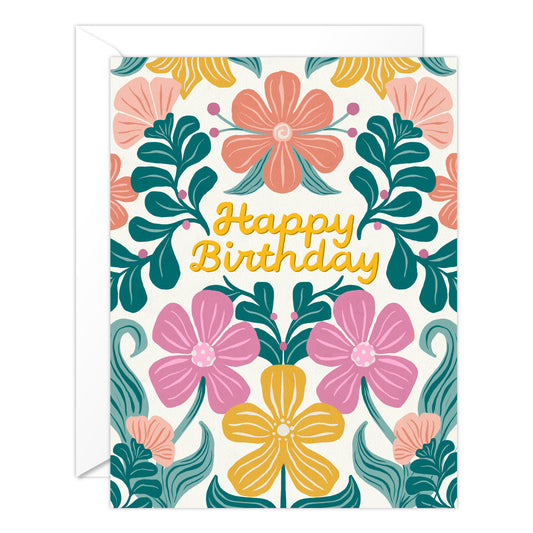 Retro Floral Birthday Card - Symmetrical Flowers