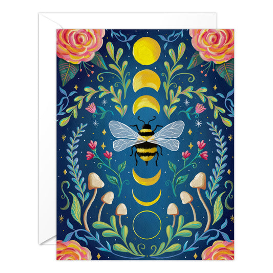 (6-Pack) Bee and Moon Card – Celestial Nature Blank Greeting Card
