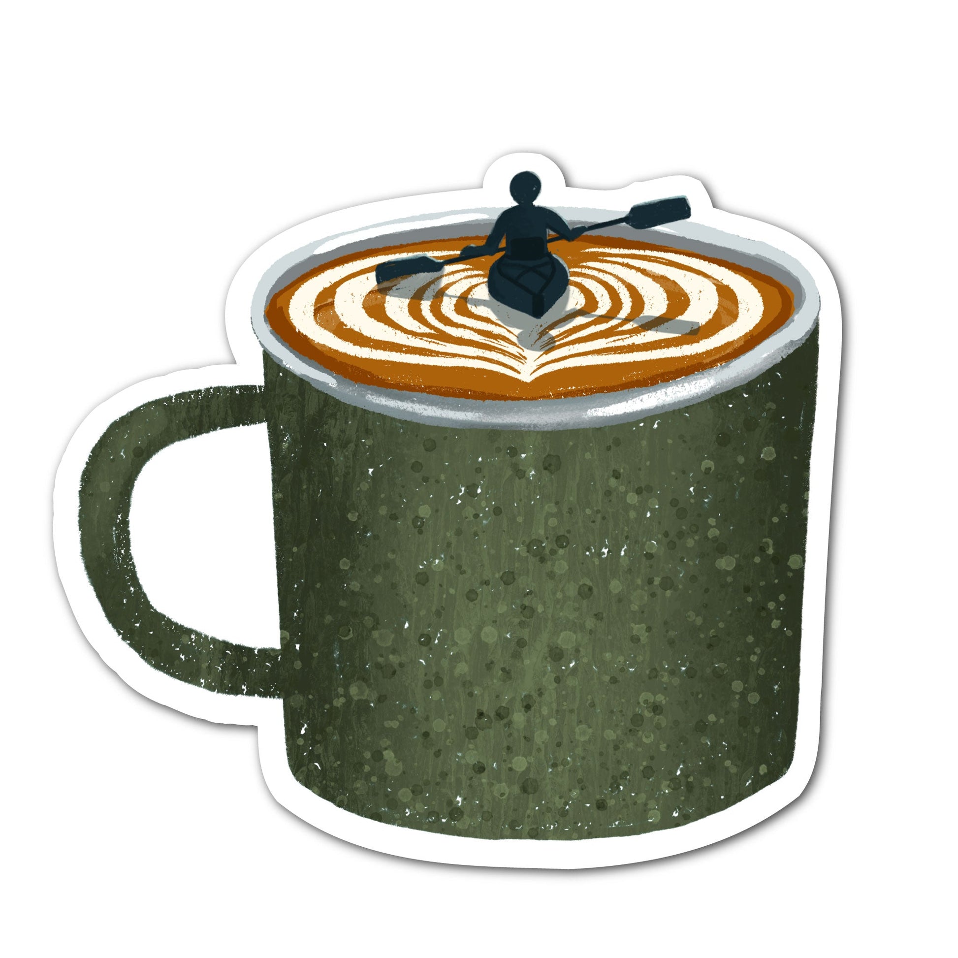 Latte kayaking sticker featuring a coffee mug with a tiny kayak in latte art.