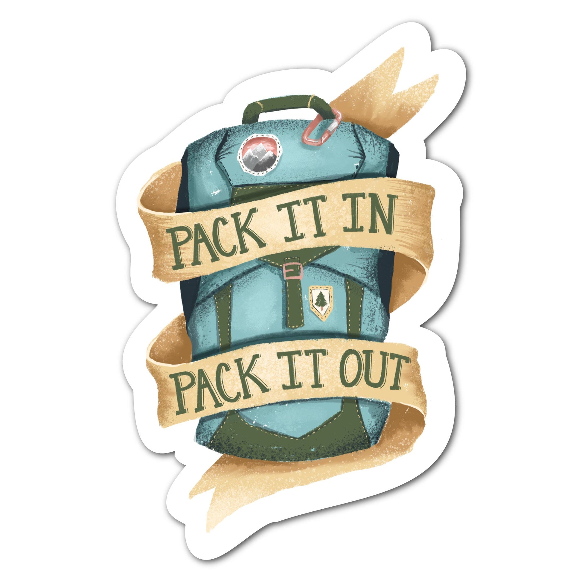 Pack it in pack it out sticker with illustrated camping and trail supplies.
