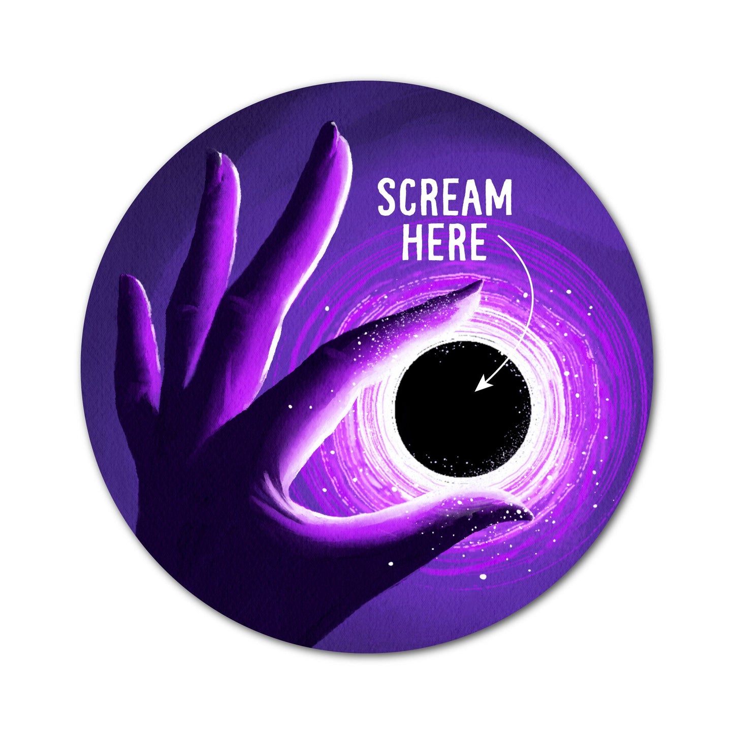 Scream Here sticker featuring a purple cosmic black hole illustration.