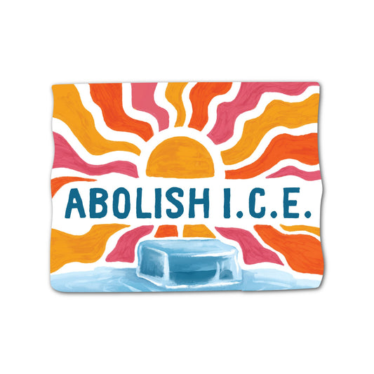 Abolish I.C.E. sticker with bold illustrated lettering and graphic background.