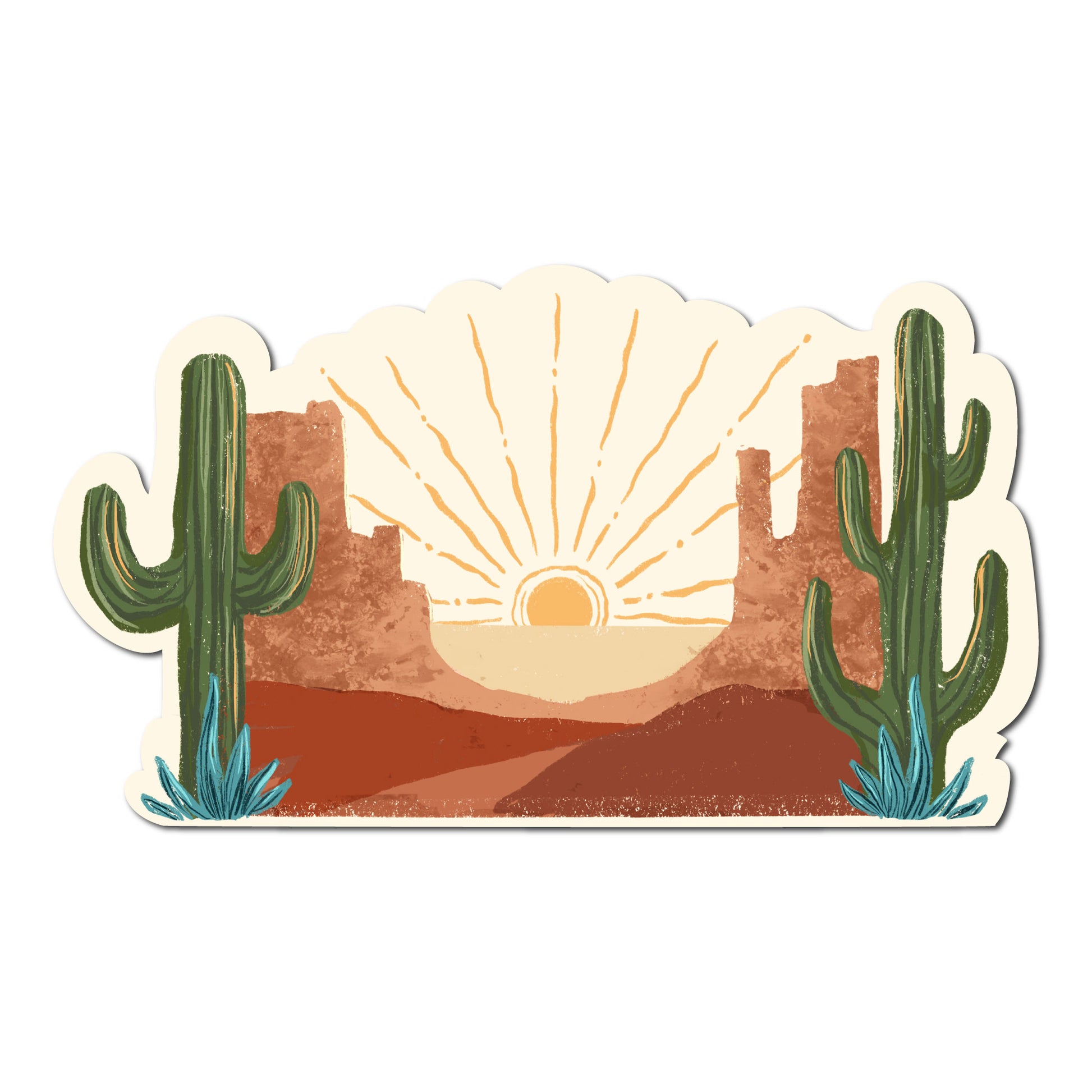 Desert scene sticker featuring cacti and warm sunset landscape illustration.
