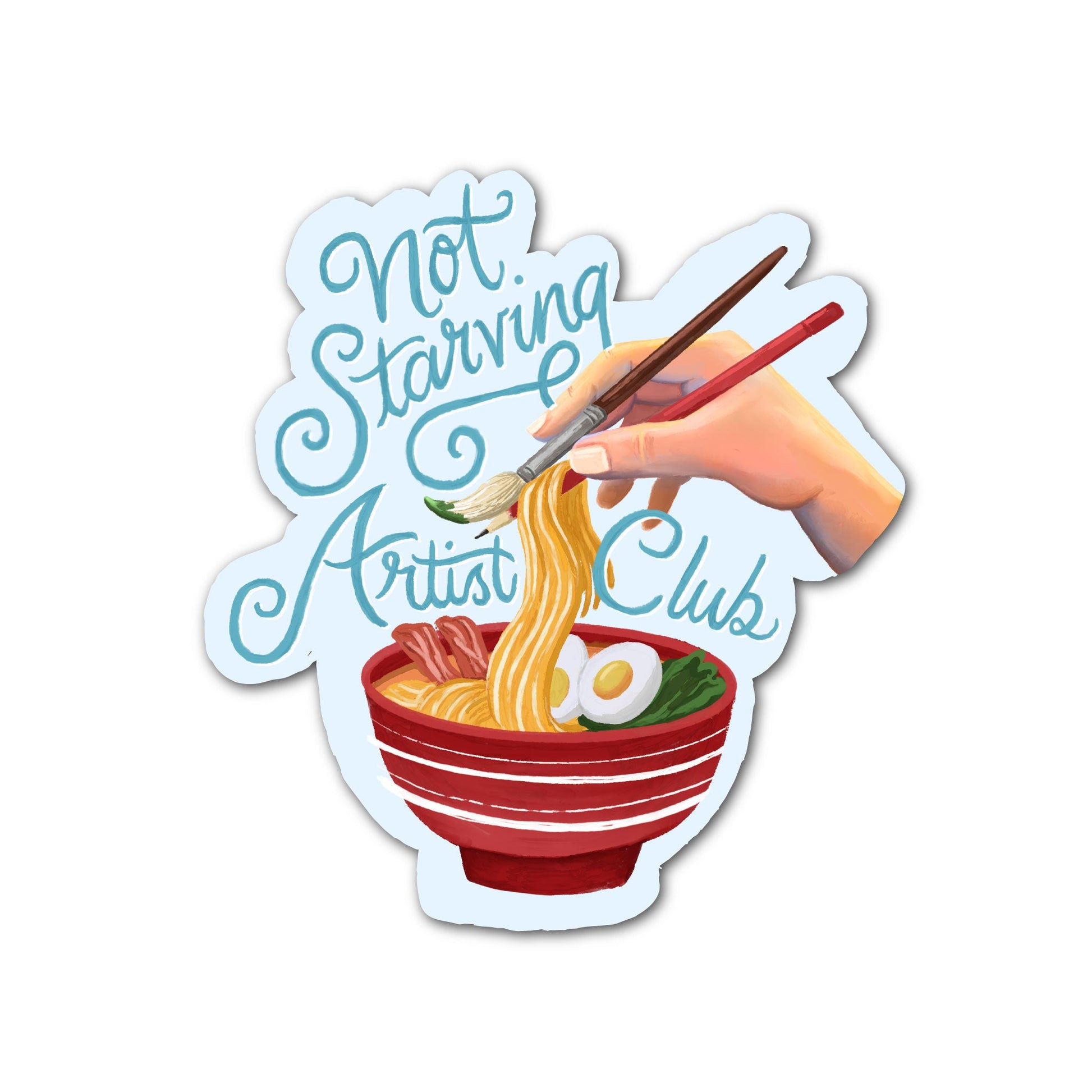 Funny artist sticker ‘Not Starving Artist Club’ ramen bowl illustration vinyl sticker for laptop or water bottle.